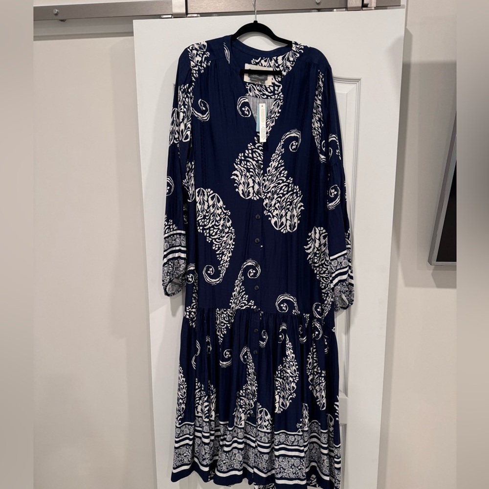 Anthropologie Tiered Button Down Dress Navy/White Size 2X NWT
